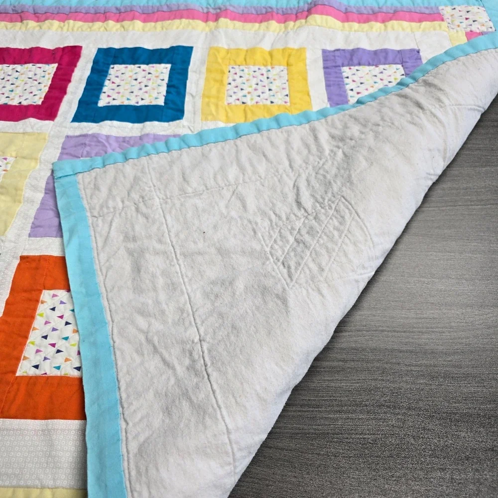 Handmade Patchwork Baby Quilt Colorful Geometric Squares Confetti Print 36x32